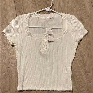 Lush White Ribbed Button-Front Top